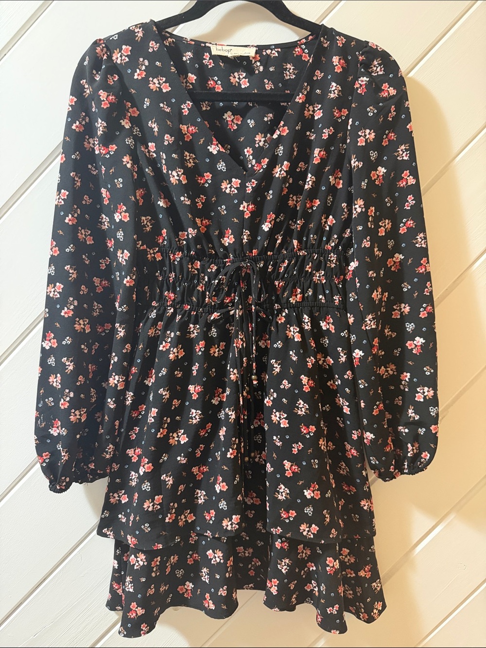 BeBop Black Floral Tie-Waist Long Sleeve Dress